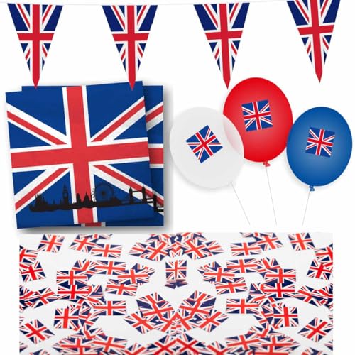 Dekoset England // Girlande, Servietten, Konfetti, Ballons für die England Dekoration // Länderdeko England DH-Konzept von Firlefantastisch Der Partyshop