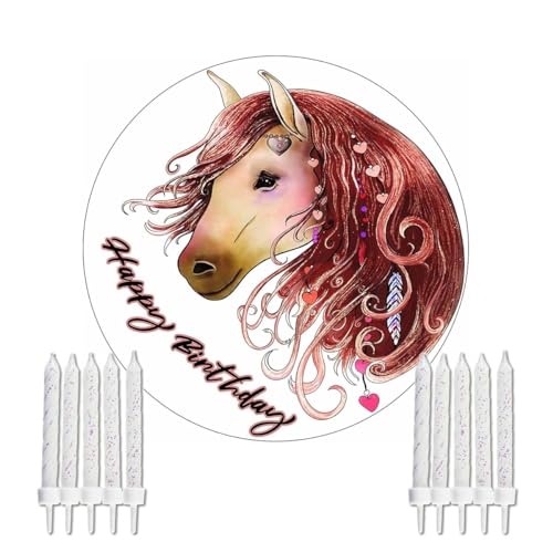 Essbarer Tortenaufleger Pferd Happy Birthday mit essbarem Glitzer und 10 Kuchenkerzen // Kuchendeko-Set für den Pferdegeburtstag // Kuchen Deko * Pferdegeburtstag * von Firlefantastisch Der Partyshop