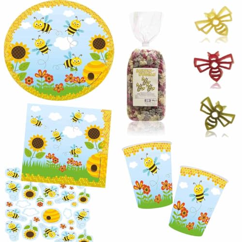 Firlefantastisch Partyset Biene mit Bienen-Nudeln, Teller, Becher, Serviette, Konfetti // Partyzubehör Bienen von Firlefantastisch