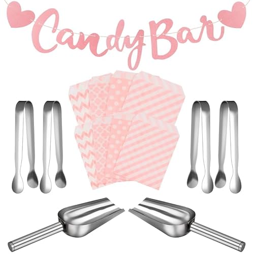 Firtink Candy Bar Zubehör,107 Stück Candy Bar Partydekorationen einschließlich Candy Bar Tüten Zuckerzange Candy Bar Schaufel und Girlande für Hochzeit Party Geburtstagsdekoration(Rosa) von Firtink