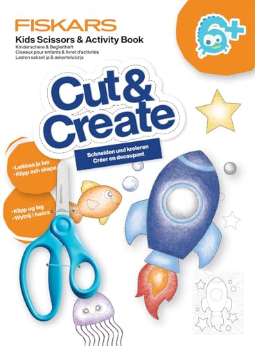 Fiskars Kinderschere und Bastelbuch mit Tipps & Tricks, Ab 6 Jahren, Für rechtshändigen Gebrauch, Rostfreier Stahl/Kunststoff, Blau, 1077664 von Fiskars