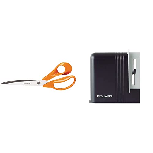 Fiskars Profi-Stoffschere, 25 cm, Für Rechtshänder, Rostfreie Stahl-Klinge/Kunststoff-Griffe, Orange & Scherenschärfer, Für Rechtshänderscheren, Keramik-Schleifköpfe/Kunststoff-Gehäuse, Schwarz/Grau von Fiskars