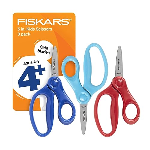 Fiskars Kids, Schere mit spitzer Spitze, 12,7 cm, 3 Stück, 100% Polyester, Blau, Türkis, Rot, 3 Stück von Fiskars