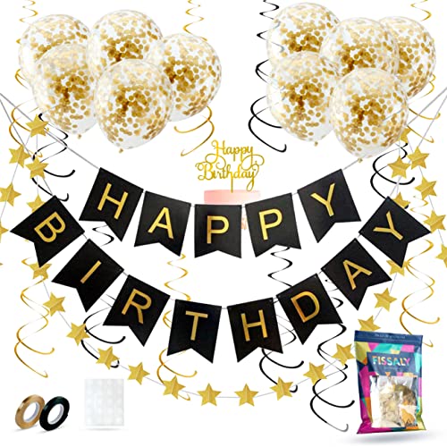 Fissaly® Geburtstagsgirlande Schwarz & Gold mit Papierkonfetti Luftballons - Dekoration - Happy Birthday - Buchstaben Girlande von Fissaly