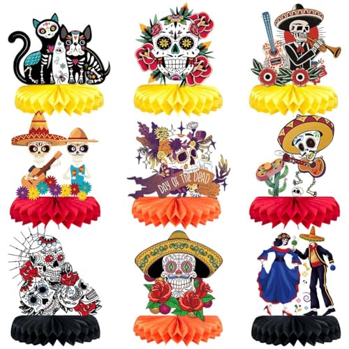 9 Stück Waben-tischdekorationen Für Den Tag Der, Zuckerschädel-tischdekorationen Für Día De Los Muertos-Dekorationen, Mexikanische Halloween-tischdekorationen von Fituenly