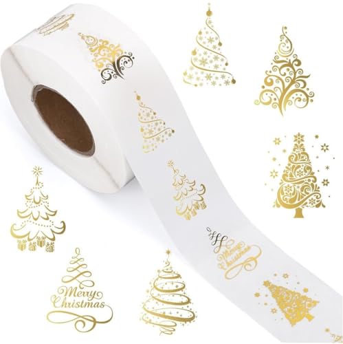 Fituenly 1000 Stück Transparente Weihnachtsaufkleber in Rolle, Goldfolie, Weihnachtsbaumaufkleber, Selbstklebende Etikettenaufkleber Für Feiertagsumschläge, Einladungskarten, Geschenkdekoration von Fituenly