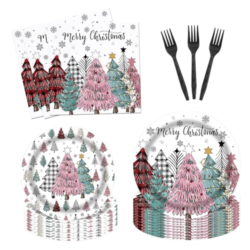 Fitumiw 96-teiliges Partygeschirr mit Aufschrift "Merry Christmas", Weihnachtsbäume, Teller und Servietten, Weihnachtsbäume, Weihnachtsmann-Party-Set, Dekorationen, für 24 Gäste von Fitumiw