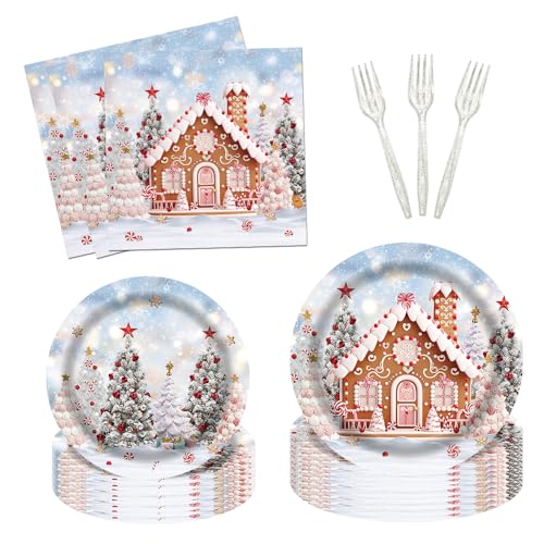 Fitumiw 96-teiliges Weihnachts-Lebkuchenhaus-Partygeschirr-Zubehör, verschneite Weihnachtsbäume, Teller und Servietten, Xmas Candy House Wonderland Party-Set, Dekorationen für 24 Gäste von Fitumiw