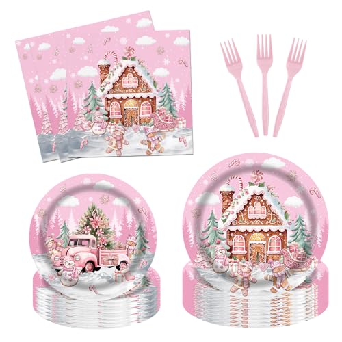 Fitumiw 96-teiliges rosa Lebkuchenhaus-Partygeschirr für Weihnachten, niedliche Lebkuchenteller und Servietten, Weihnachts-Süßigkeitshaus, Schneemann, Party-Set, Dekorationen für 24 Gäste von Fitumiw