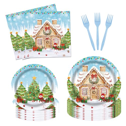 Fitumiw Lebkuchenhaus Partygeschirr Supplies Frohe Weihnachten Cartoon Süßigkeiten Haus Schneemann Teller und Servietten Weihnachtsbäume Winter Wunderland Party Set Dekorationen Servieren 24 Gäste von Fitumiw