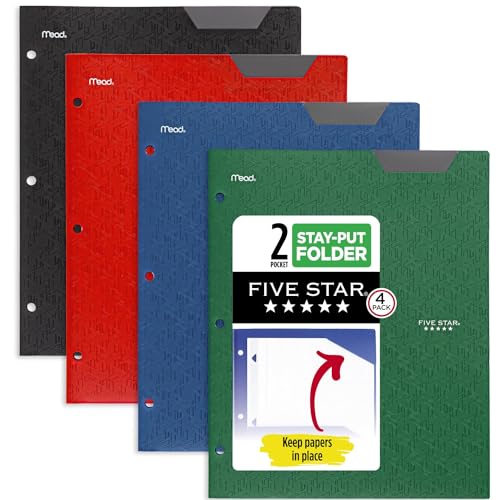 Five Star 2-Pocket Folders, 4 Pack, Plastic Folders with Stay-Put Tabs, Fits 3-Ring Binder, Holds 11” x 8-1/2”, Assorted Colors (38049), Black, Red, Green, Blue von Five Star