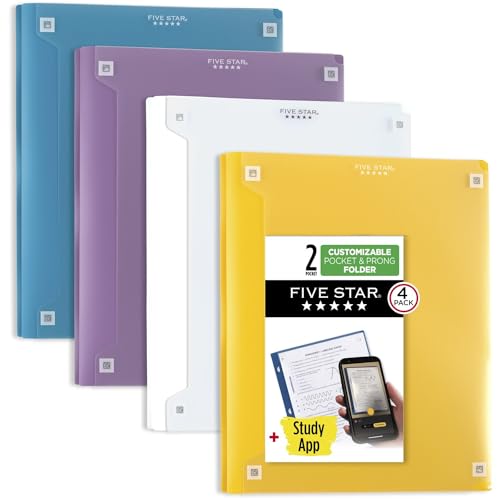 Five Star 2 Pocket Folder with Prong Fasteners, 4 Pack, Folder with Pockets, Customizable Cover, Plastic, White, Amethyst Purple, Harvest Yellow, Tidewater Blue (340220B-ECM) von Five Star