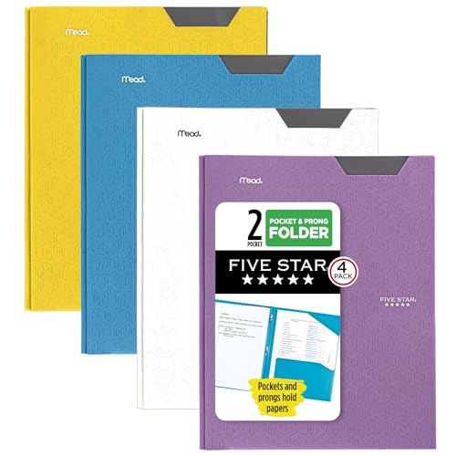 Five Star 2 Taschenmappen, 4 Stück, Kunststoff-Ordner mit Stay-Put-Tabs und Zinkenverschlüssen, für 21,6 x 27,9 cm Papier, beschreibbares Etikett, Tidewater Blue, Weiß, Amethystviolett, Erntegelb von Five Star