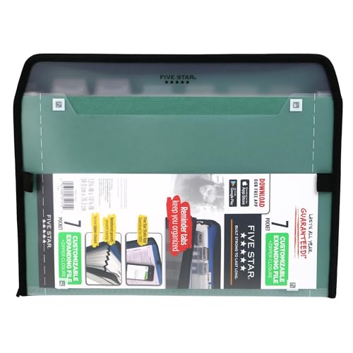 Five Star 72707 Fächermappe mit 7 Fächern, erweiterbare Aktenordner aus Kunststoff mit anpassbaren Reitern und transparentem Deckel, für 27,9 x 21,6 cm, Reißverschluss, Seeglasgrün von Five Star