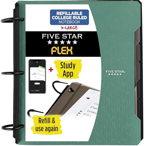 Five Star Flex 29324AQ8 Nachfüllbares Notizbuch + Lern-App, College-Papier und 3,8 cm TechLock-Ringbuch mit Taschen, Registern und Trennblättern, Kapazität 300 Blatt, Seeglasgrün von Five Star