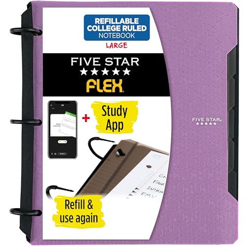 Five Star Flex 29328AB6 Nachfüllbares Notizbuch + Lern-App, College-Papier und 2,5 cm TechLock-Ringbuch mit Taschen, Tabs und Trennblättern, Kapazität 200 Blatt, Amethyst Violett von Five Star