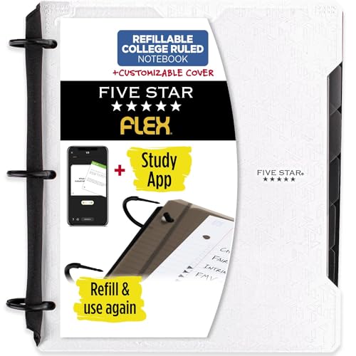 Five Star Flex Hybrid Notizbuch + Study App, 2,5 cm (1 Zoll) Ordner mit Registern, anpassbarem Cover, Notizbuch und 3-Ringbuch All-in-One, Weiß (29326AE2) von Five Star