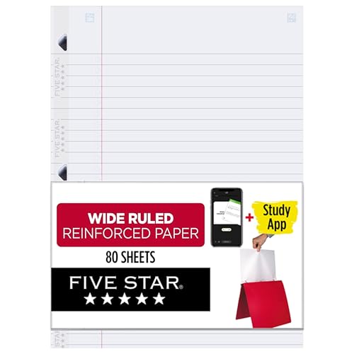 Five Star Lose Leaf Paper, 3 Locher Notizbuchpapier, verstärktes breites, liniertes Füllpapier, bekämpft Tintenentlüftung, 20,3 x 26,7 cm, 80 Blatt pro Packung (150002-23) von Five Star
