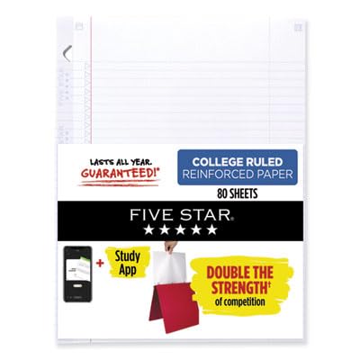 Five Star Lose Leaf Papier + Study App, 3 Locher Notizbuchpapier, verstärktes liniertes College-Füllpapier, bekämpft Tintenentlüftung, 21,6 x 27,9 cm, 80 Blatt pro Packung (170102), weiß von Five Star