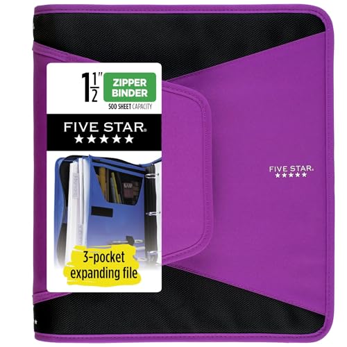 Five Star Reißverschluss-Binder, 3,8 cm 3-Ringbuch für Schule, 3 Fächer, 500 Blatt Kapazität, Berry Pink/Violett (72532) von Five Star