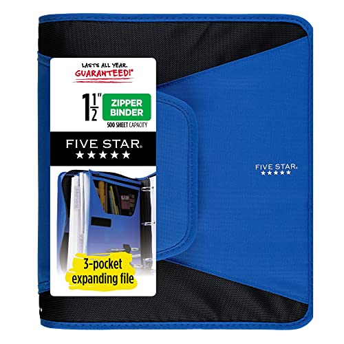 Five Star Reißverschluss-Binder, 3,8 cm 3-Ringbuch für Schule, 3 Fächer, 500 Blatt Kapazität, Blau (72202) von Five Star