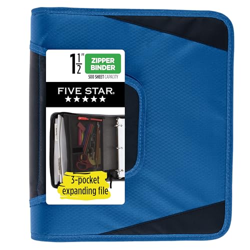 Five Star Reißverschluss-Binder, 3,8 cm 3-Ringbuch für Schule, 3 Fächer, 500 Blatt Kapazität, Blau (72202) von Five Star