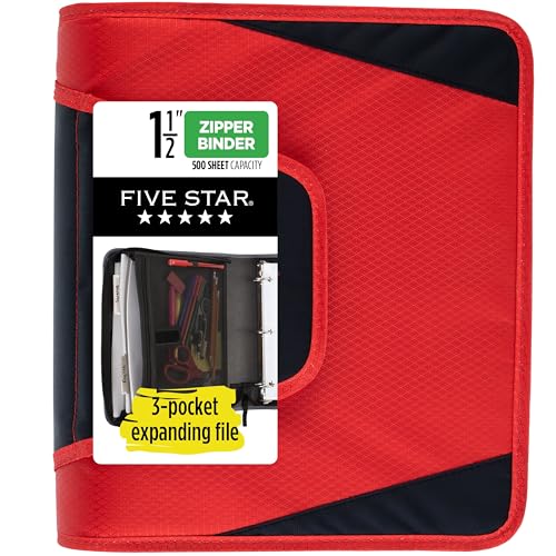Five Star Reißverschluss-Binder, 3,8 cm 3-Ringbuch für Schule, 3 Fächer, 500 Blatt Kapazität, Rot (72206) von Five Star