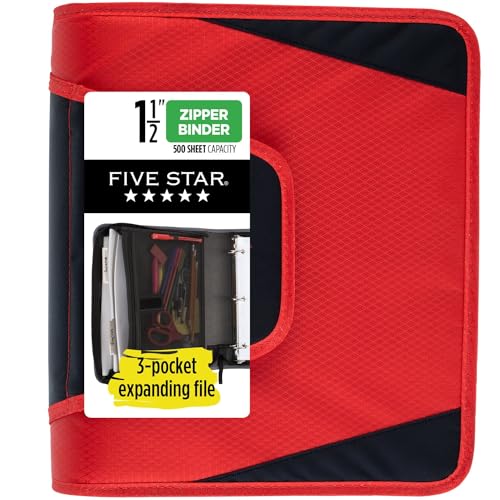 Five Star Reißverschluss-Binder, 3,8 cm 3-Ringbuch für Schule, 3 Fächer, 500 Blatt Kapazität, Rot (72206) von Five Star