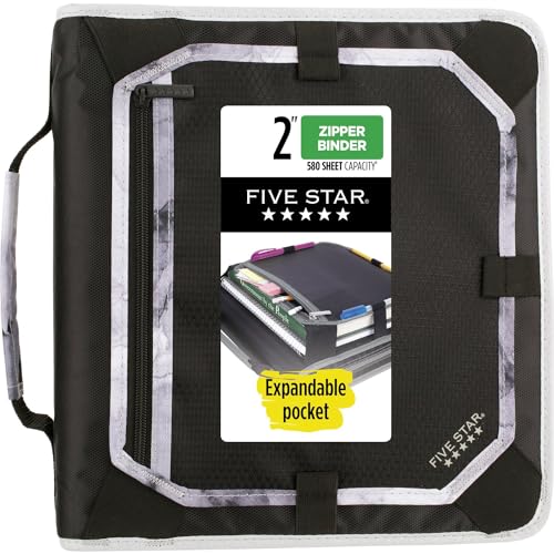 Five Star Reißverschluss-Ordner, 5,1 cm 3-Ringbuch für Schule, Erweiterungsplatte und Fächer, 580 Blatt Kapazität, schwarz/grau (29052IT8) von Five Star