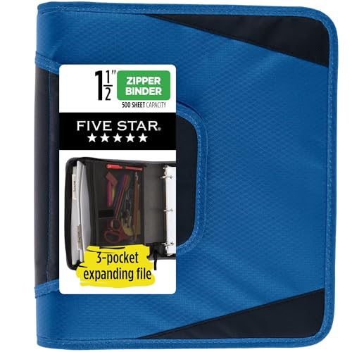 Five Star Reißverschluss-Binder, 3,8 cm 3-Ringbuch für Schule, 3 Fächer, 500 Blatt Kapazität, Blau (72202) von Five Star