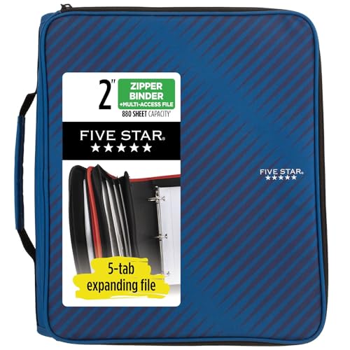 Five Star Reißverschlussordner, 5,1 cm, 3-Ringbuch für die Schule, Fächermappe mit 6 Fächern, Kapazität 380 Blatt, Kobaltblau (72534) von Five Star