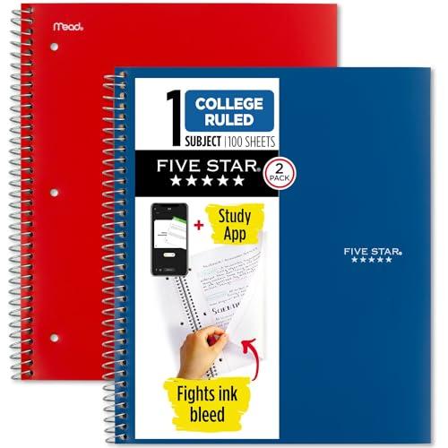 Five Star Spiralnotizbücher + Lern-App, 2 Stück, 1 Fach, College-Papier, liniert, 100 Blatt, 27,9 x 21,6 cm, Pacific Blue, Fire Red (38452) von Five Star
