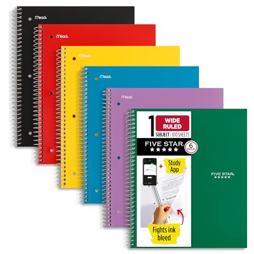 Fünf Star Spirale Notebooks, 1 Thema, breit liniert, 10–1/5,1 x 20,3 cm sortiert Farben, 6 Pack (38042) von Five Star