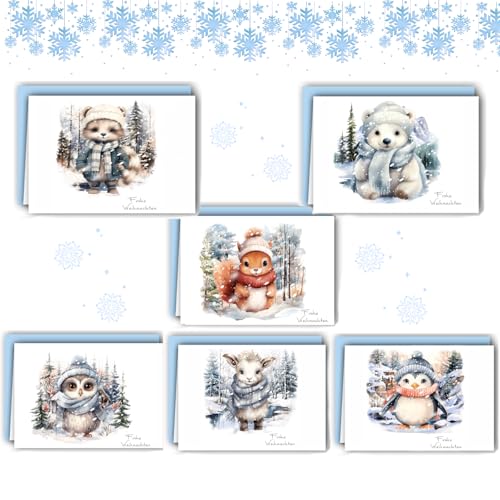 12 Weihnachtskarten Klappkarten mit Umschlägen, A6 Postkarten Set, Aquarell Waldtiere Serie, mit Weihnachtsgrüße, Weihnachtskarte für Familie Freunde (Deutsch) von FiveMileBro