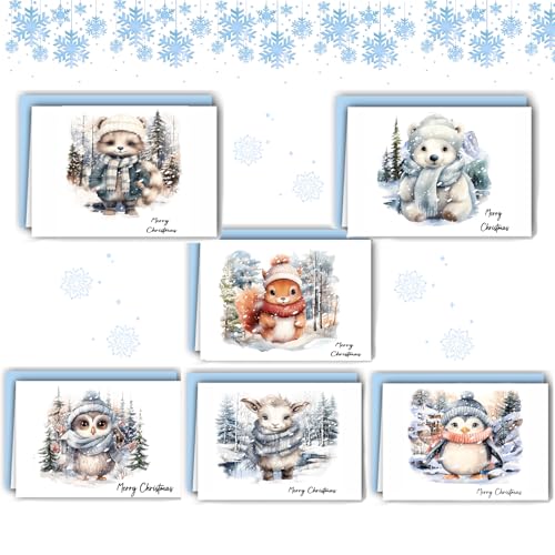 12 Weihnachtskarten Klappkarten mit Umschlägen, A6 Postkarten Set, Aquarell Waldtiere Serie, mit Weihnachtsgrüße, Weihnachtskarte für Familie Freunde (Englisch) von FiveMileBro