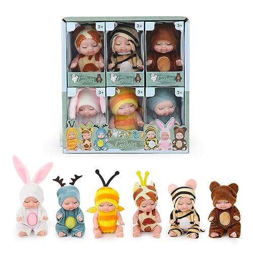 Fivtsme Mini Reborn Puppen, 6 Stück 3,5 Zoll Puppe und Kleidung Set, Mini Schlafende Wiedergeburt Puppen, New Born Baby Puppe, für Kinder ab 3 Jahren, Silikon-Baby-Puppen von Fivtsme