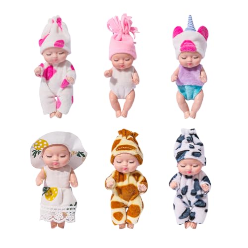 Fivtsme Mini Reborn Puppen, Babypuppe, 6 Stück 3,5 Zoll Mini Puppenspielzeug, Mini Schlafende Wiedergeburt Puppen und Kleidung Set, für Mädchen, Kleinkinder und Kinder(Cow) von Fivtsme