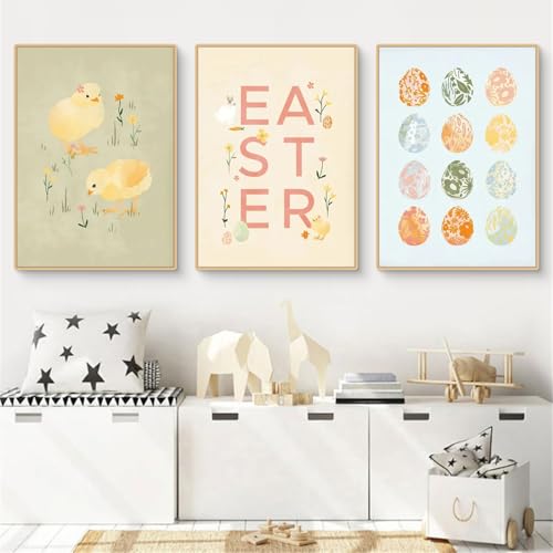 Fiwzzdur Premium 3er Ostern Poster Set, Ostereier Kaninchen Hase Bilder Kinderzimmer Poster Babyzimmer Deko, Geschenk für Mädchen Jungen, Wandbilder Ohne Rahmen (30x40cm,ABC) von Fiwzzdur