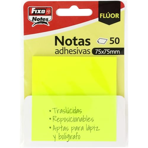 Fixo Notes | Transparente Haftnotizen | 50 Notizen 75 x 75 mm | Kunststoff | Neongelb | wiederverwendbar und wasserdicht | Perfekt für Schulbücher und Bürodokumente von Fixo