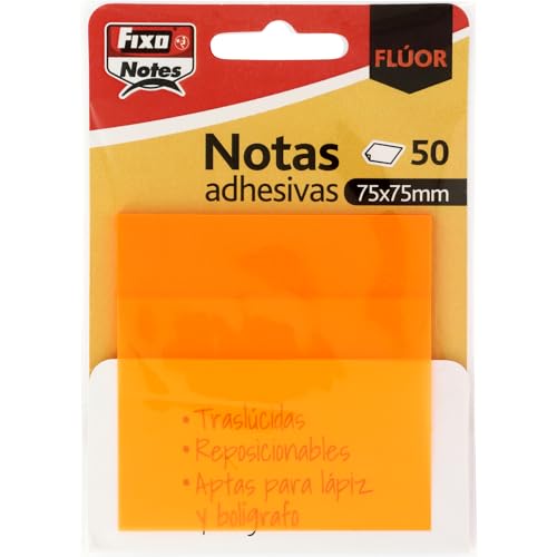 Fixo Notes | Transparente Haftnotizen | 50 Notizen 75 x 75 mm | Kunststoff | Neonorange | wiederverwendbar und wasserdicht | Perfekt für Schulbücher und Bürodokumente von Fixo