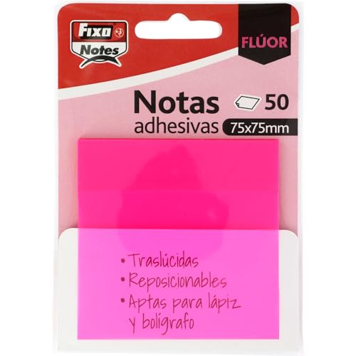 Fixo Notes | Transparente Haftnotizen | 50 Notizen 75 x 75 mm | Kunststoff | Neonpink | wiederverwendbar und wasserdicht | Perfekt für Schulbücher und Bürodokumente von Fixo