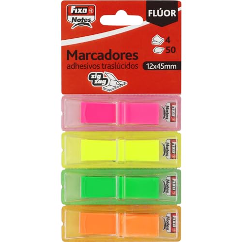 Fixo Notes | Transparente Klebemarker | 4 Farben Fluor mit individuellem Spender | je 50 Indizes | durchgefärbter Kunststoff | Repositionierbar | Wasserdicht | Schulmaterial perfekt von Fixo
