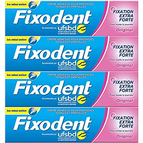 Fixodent Fixative Creme Original Mega-Pack, Klebstoff für Zahnprothesen, extra starker Halt, antibakterielles Schild, weiche Minze, 4 x 47 g von Fixodent
