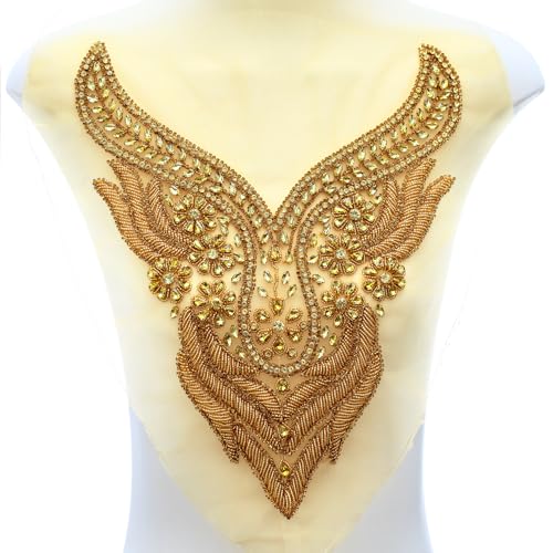 FixrWre Handgefertigte Mieder-Strass-Applikation, Nähen, Glasperlen, Steine, Kristallbesatz, Spitzenaufnäher für Kleid, Kleidung, Zubehör (Gold) von FixrWre