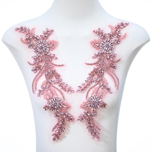 FixrWre Handgefertigte glänzende Strass-Applikation, Applikation, Aufnäher, Perlen, Pailletten, Steinbesatz, Zubehör für Hochzeitskleid (Rosa, groß) von FixrWre