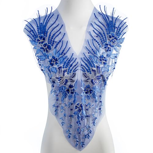 FixrWre Perlen-Blumen-Applikation, bestickte Flicken, handgefertigt, Nähwerkzeug für selbstgemachte Ausschnitte, Mieder, Hochzeit, Brautkleid, Abschlussballkleid (blau, klein) von FixrWre