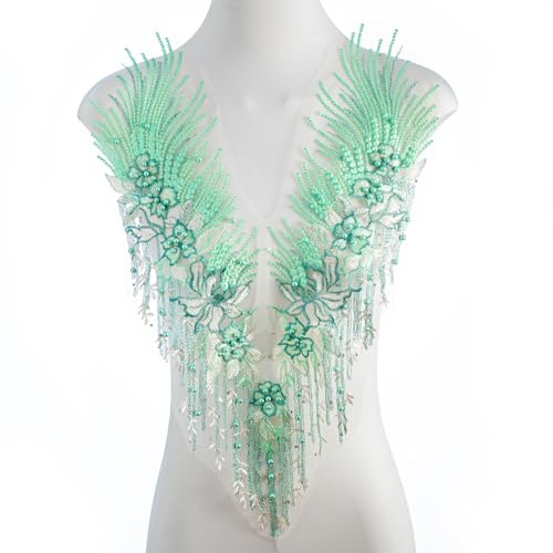FixrWre Perlen-Blumen-Applikation, bestickte Flicken, handgefertigt, Nähwerkzeug für selbstgemachte Ausschnitte, Mieder, Hochzeit, Brautkleid, Abschlussballkleid (grün, klein) von FixrWre