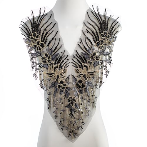 FixrWre Perlen-Blumen-Applikation, bestickte Flicken, handgefertigt, Nähwerkzeug für selbstgemachte Ausschnitte, Mieder, Hochzeit, Brautkleid, Abschlussballkleid (schwarz, klein) von FixrWre