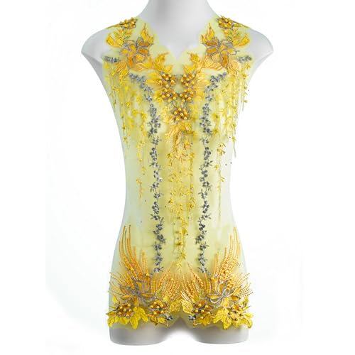 FixrWre Perlen-Blumen-Applikation, bestickte Flicken, handgefertigt, Nähwerkzeug für selbstgemachte Ausschnitte, Mieder, Hochzeit, Brautkleid, Ballkleid, Gelb, Größe L von FixrWre