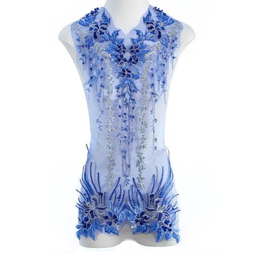 FixrWre Perlen-Blumen-Applikation, bestickte Flicken, handgefertigt, Nähwerkzeug für selbstgemachte Ausschnitte, Mieder, Hochzeit, Brautkleid, Ballkleid (blau, groß) von FixrWre